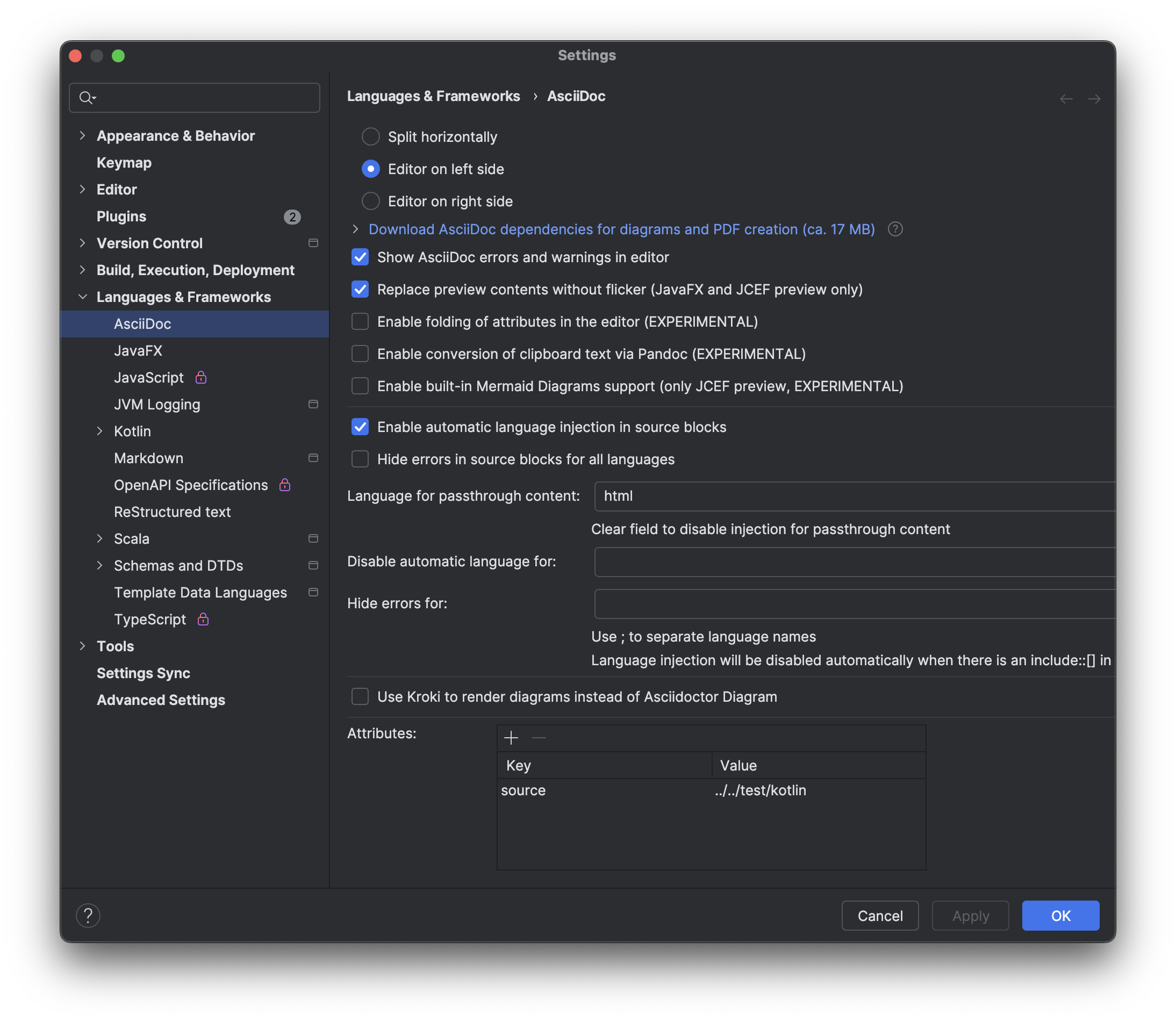 Intellij plugin settings - showing source attribute definition