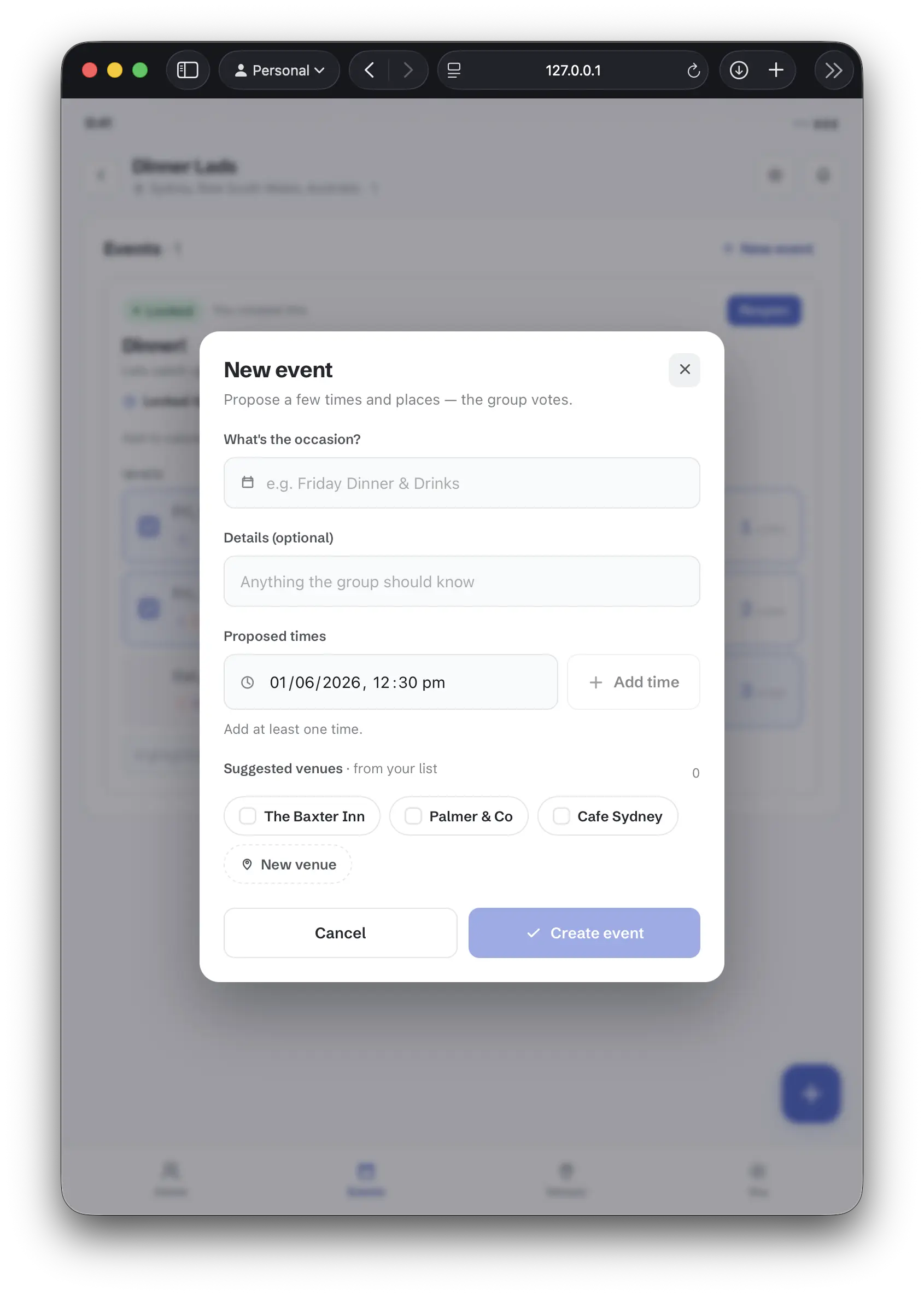 Form interface for scheduling multiple proposed dates and venues New Event Proposing