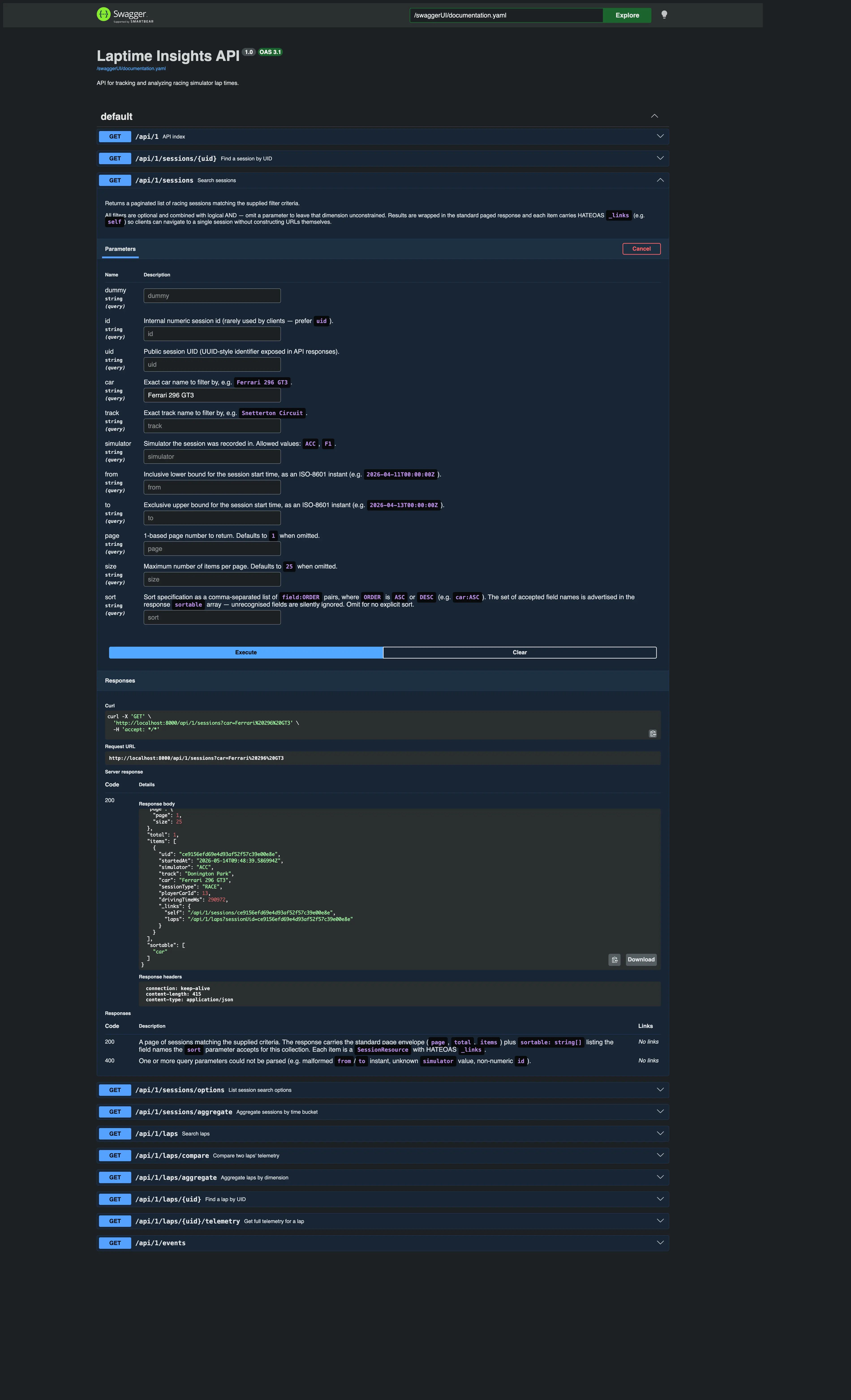 Session search endpoint expanded with parameters and a live response